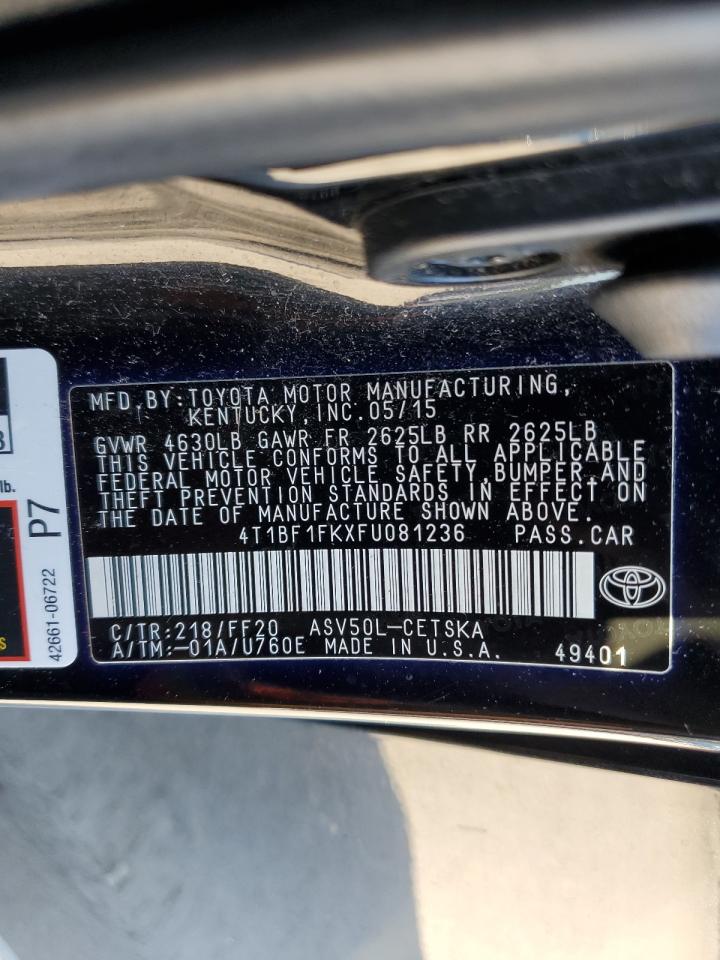 2015 Toyota Camry VIN 4T1BF1FKXFU081236 Copart auction photo, front end damage thumbnail 13