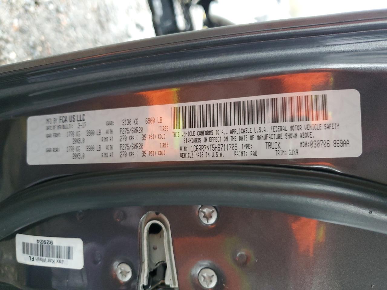2017 RAM 1500 VIN 1C6RR7NT5HS711709 Copart auction photo, all over / rollover damage thumbnail 13