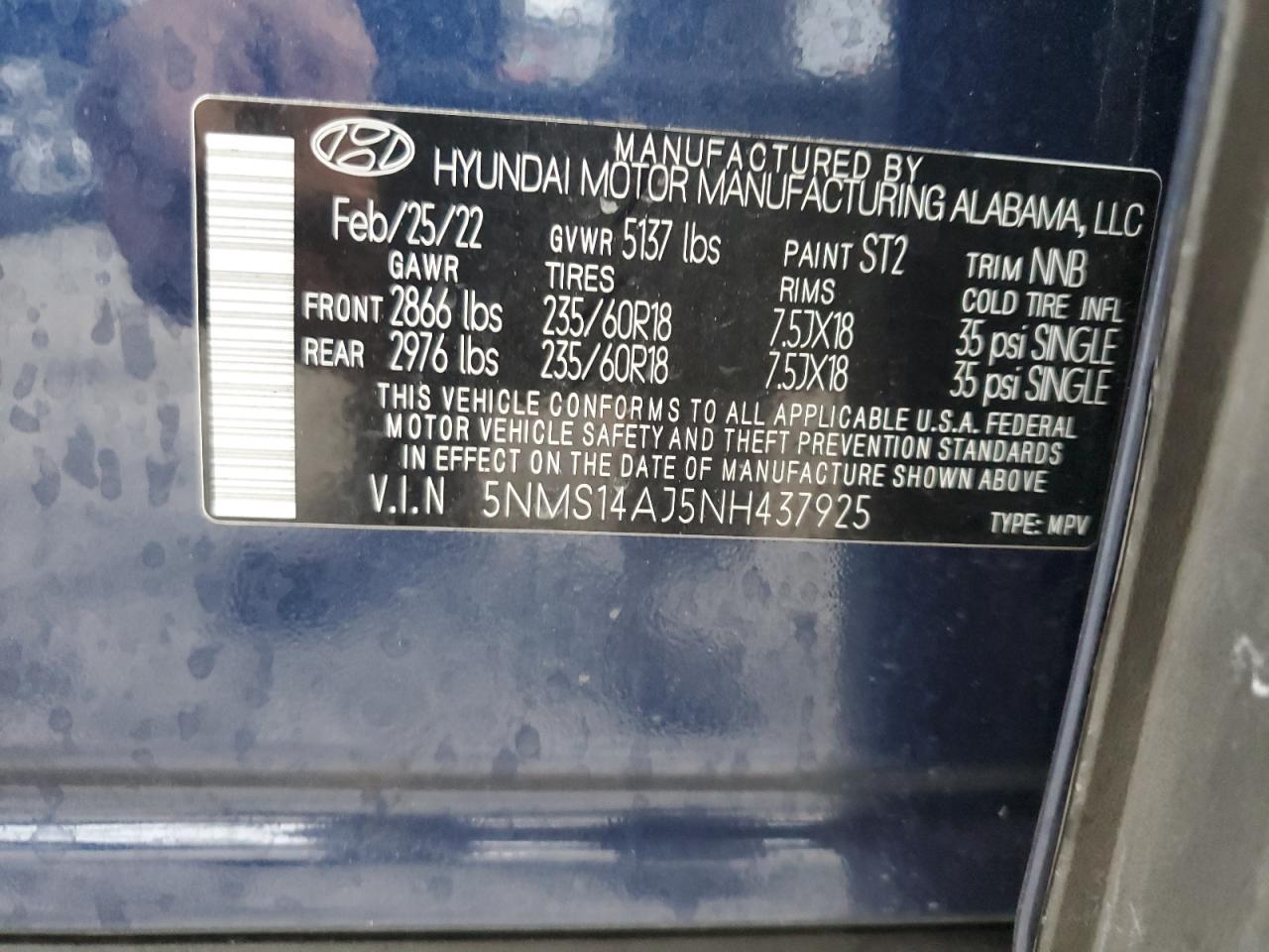 2022 Hyundai Santa Fe VIN 5NMS14AJ5NH437925 Copart auction photo, front end / side damage thumbnail 15