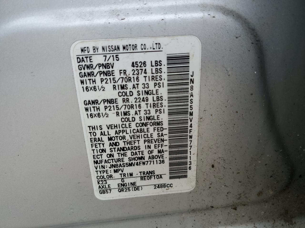 2015 Nissan Rogue VIN JN8AS5MV4FW771136 Copart auction photo, front end damage thumbnail 12
