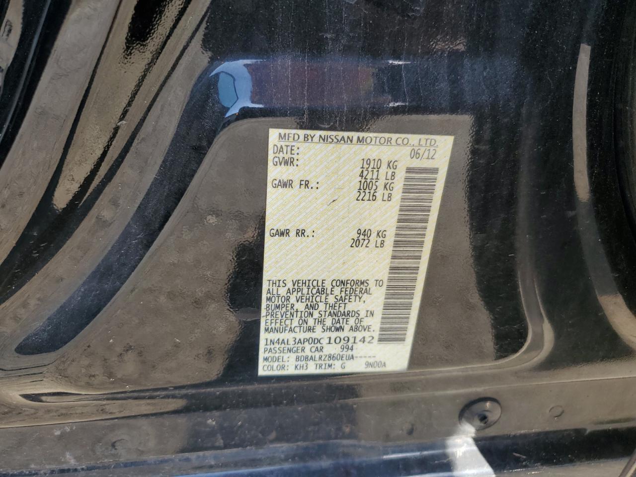 2013 Nissan Altima VIN 1N4AL3AP0DC109142 Copart auction photo, rear end / front end damage thumbnail 15