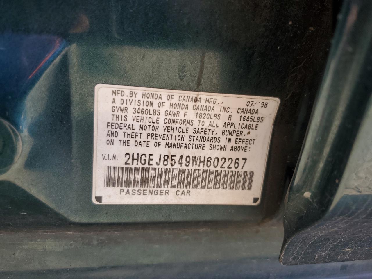 1998 Honda Civic VIN 2HGEJ8549WH602267 Copart auction photo, all over damage thumbnail 13
