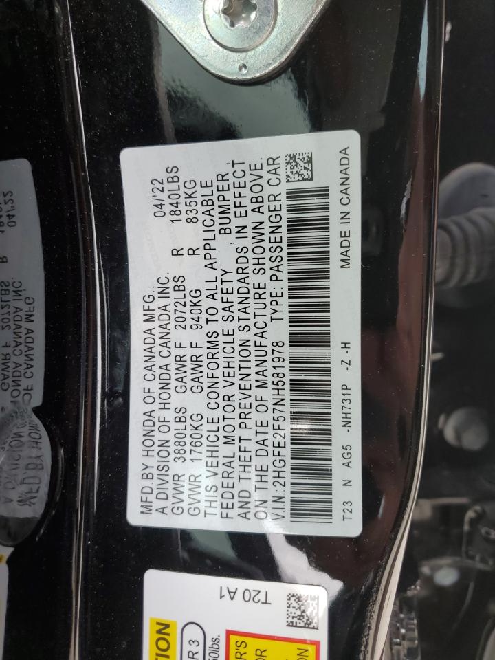 2022 Honda Civic VIN 2HGFE2F57NH581978 Copart auction photo, all over damage thumbnail 15