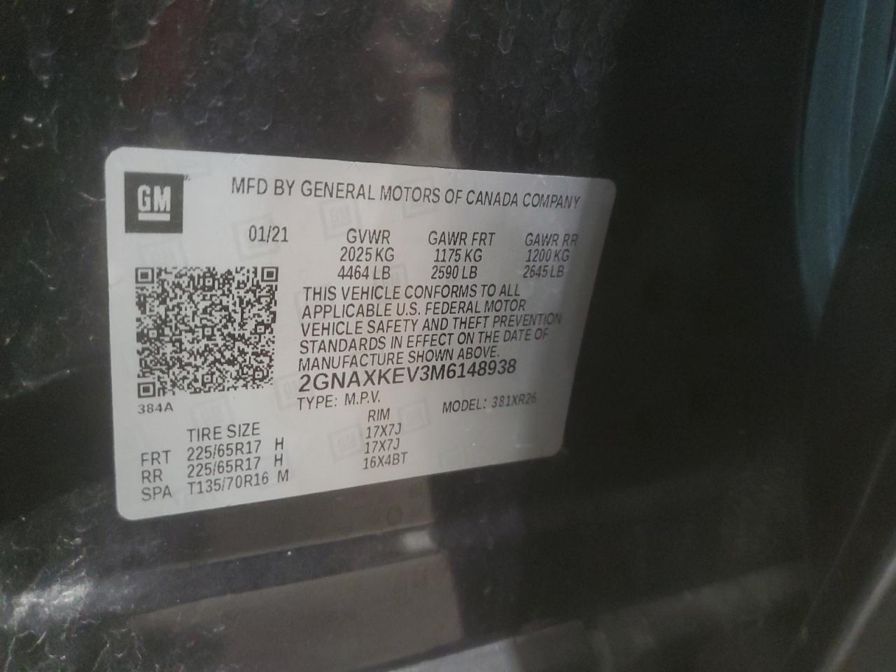 2021 Chevrolet Equinox VIN 2GNAXKEV3M6148938 Copart auction photo, front end / side damage thumbnail 15