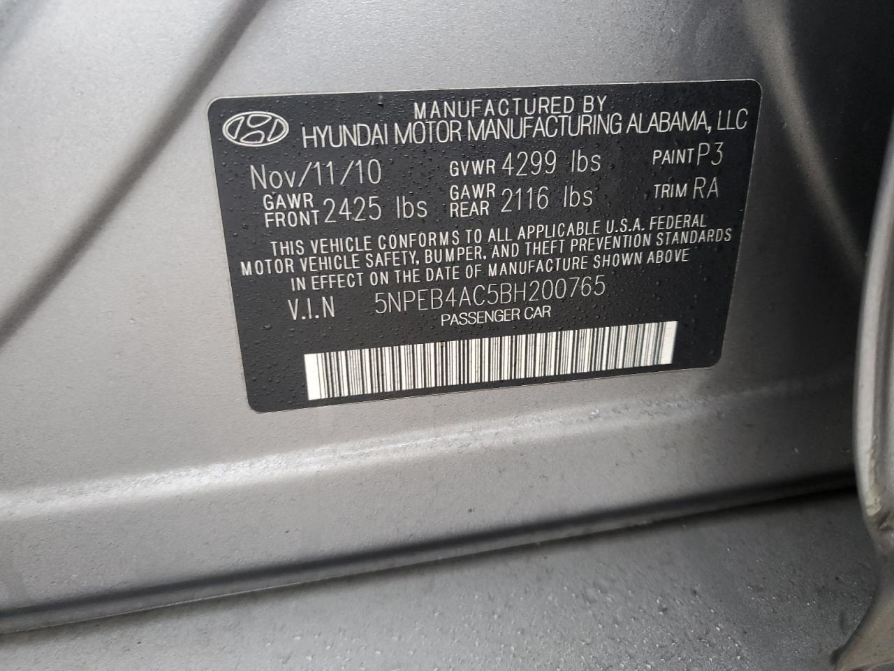 2011 Hyundai Sonata VIN 5NPEB4AC5BH200765 Copart auction photo, front end / minor dent/scratches damage thumbnail 12