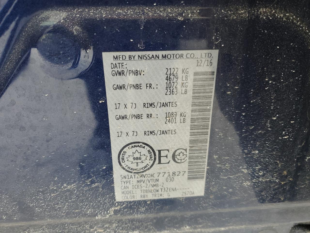 2017 Nissan Rogue VIN 5N1AT2MVXHC771827 Copart auction photo, front end damage thumbnail 14