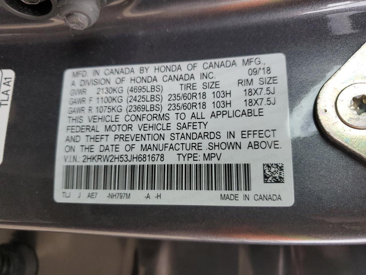 2018 Honda CR-V VIN 2HKRW2H53JH681678 Copart auction photo, side damage thumbnail 15