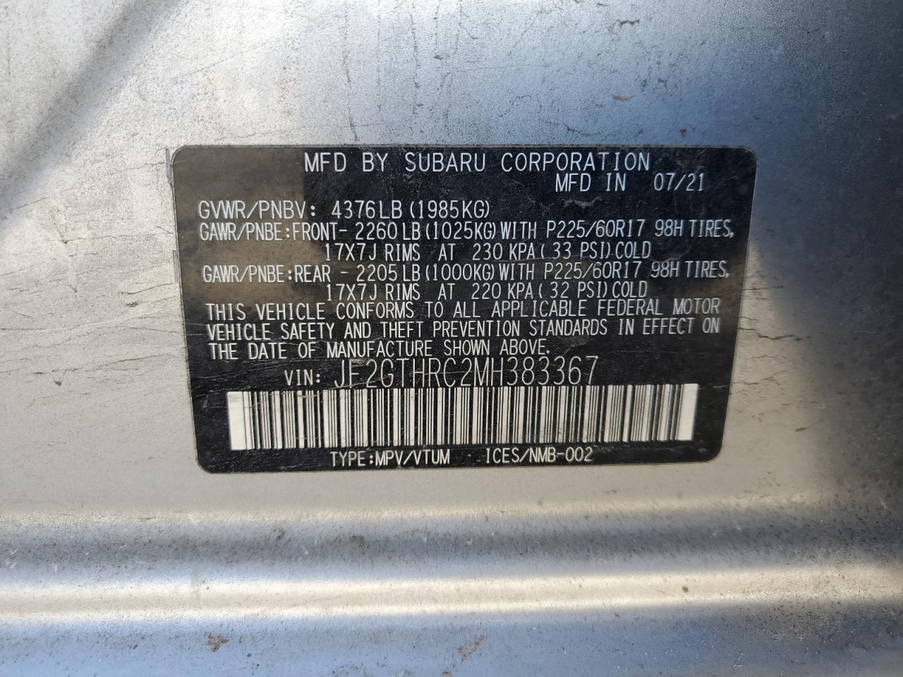 2021 Subaru XV VIN JF2GTHRC2MH383367 Copart auction photo, side damage thumbnail 14