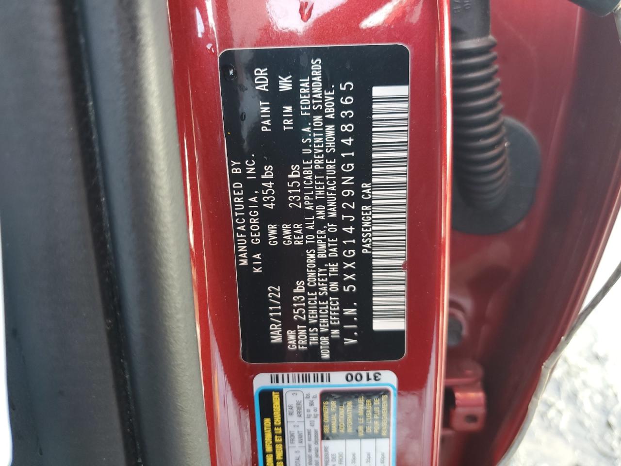 2022 KIA K5 VIN 5XXG14J29NG148365 Copart auction photo, front end / top/roof damage thumbnail 13
