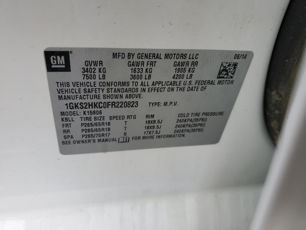 2015 GMC Yukon VIN 1GKS2HKC0FR220823 Copart auction photo, rear end / hail damage thumbnail 15