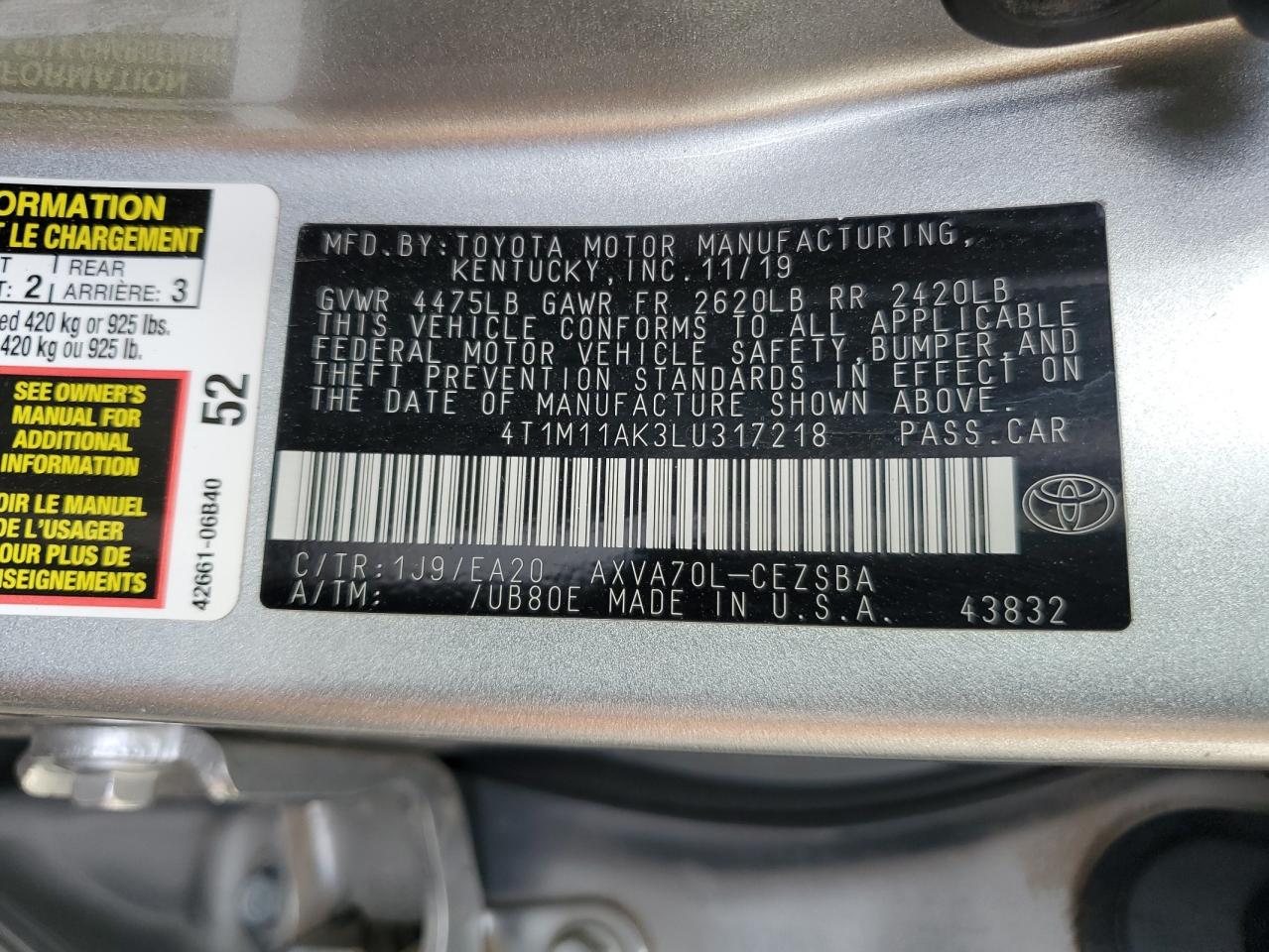 2020 Toyota Camry VIN 4T1M11AK3LU317218 Copart auction photo, front end / minor dent/scratches damage thumbnail 14