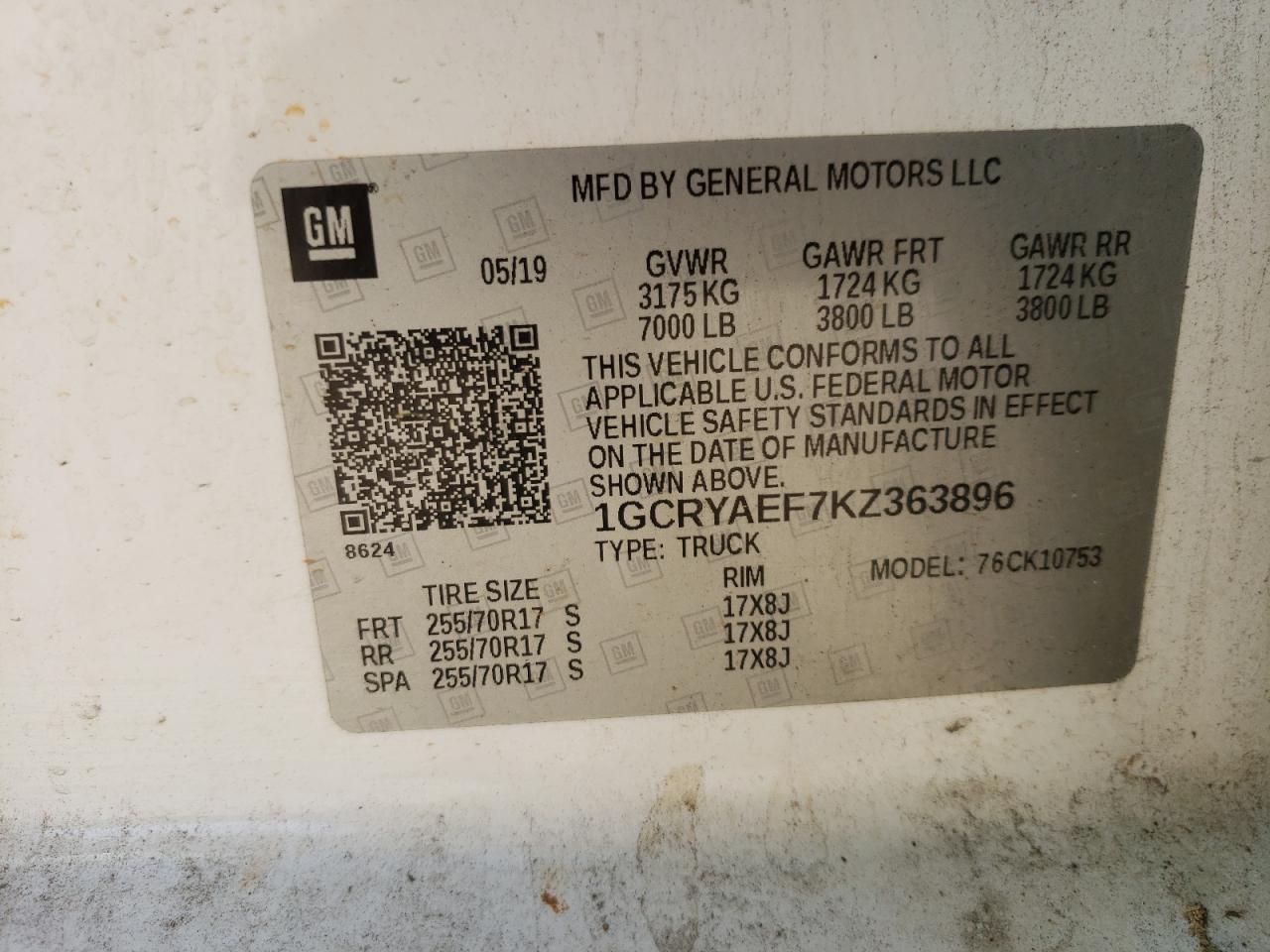 2019 Chevrolet Silverado VIN 1GCRYAEF7KZ363896 Copart auction photo, top/roof damage thumbnail 12