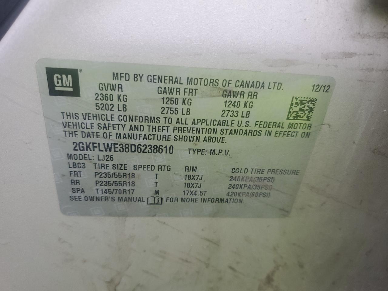 2013 GMC Terrain VIN 2GKFLWE38D6238610 Copart auction photo, front end damage thumbnail 12