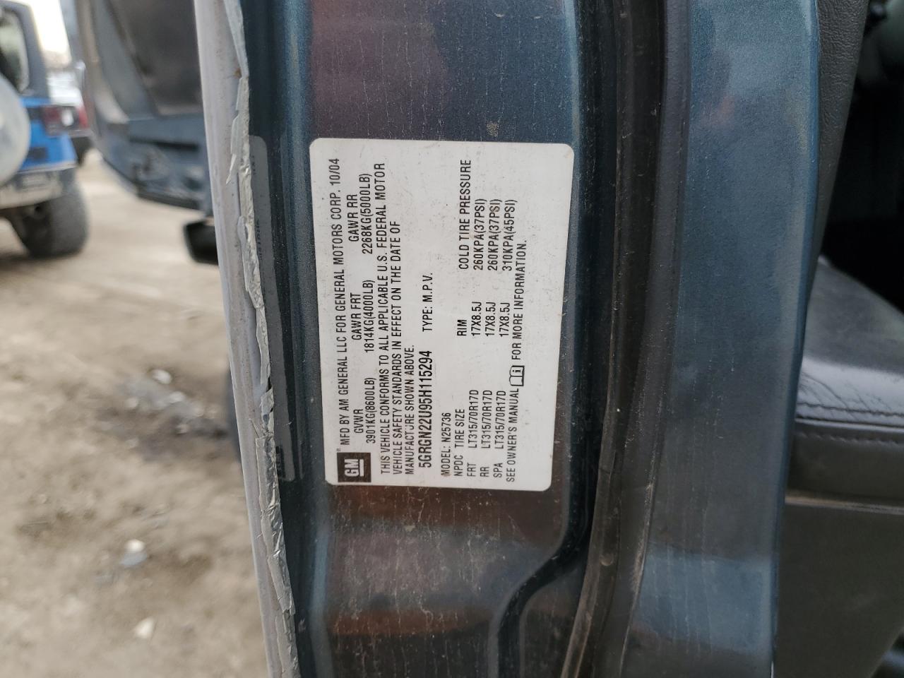 2005 Hummer H2 VIN 5GRGN22U95H115294 Copart auction photo, rear end damage thumbnail 12