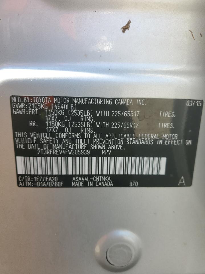 2015 Toyota RAV 4 VIN 2T3RFREV4FW305939 Copart auction photo, water/flood damage thumbnail 13