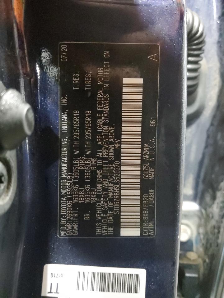 2020 Toyota Highlander VIN 5TDGZRBH5LS520370 Copart auction photo, side / rear end damage thumbnail 14