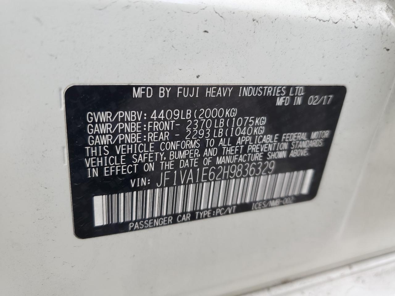 2017 Subaru WRX VIN JF1VA1E62H9836329 Copart auction photo, all over damage thumbnail 12