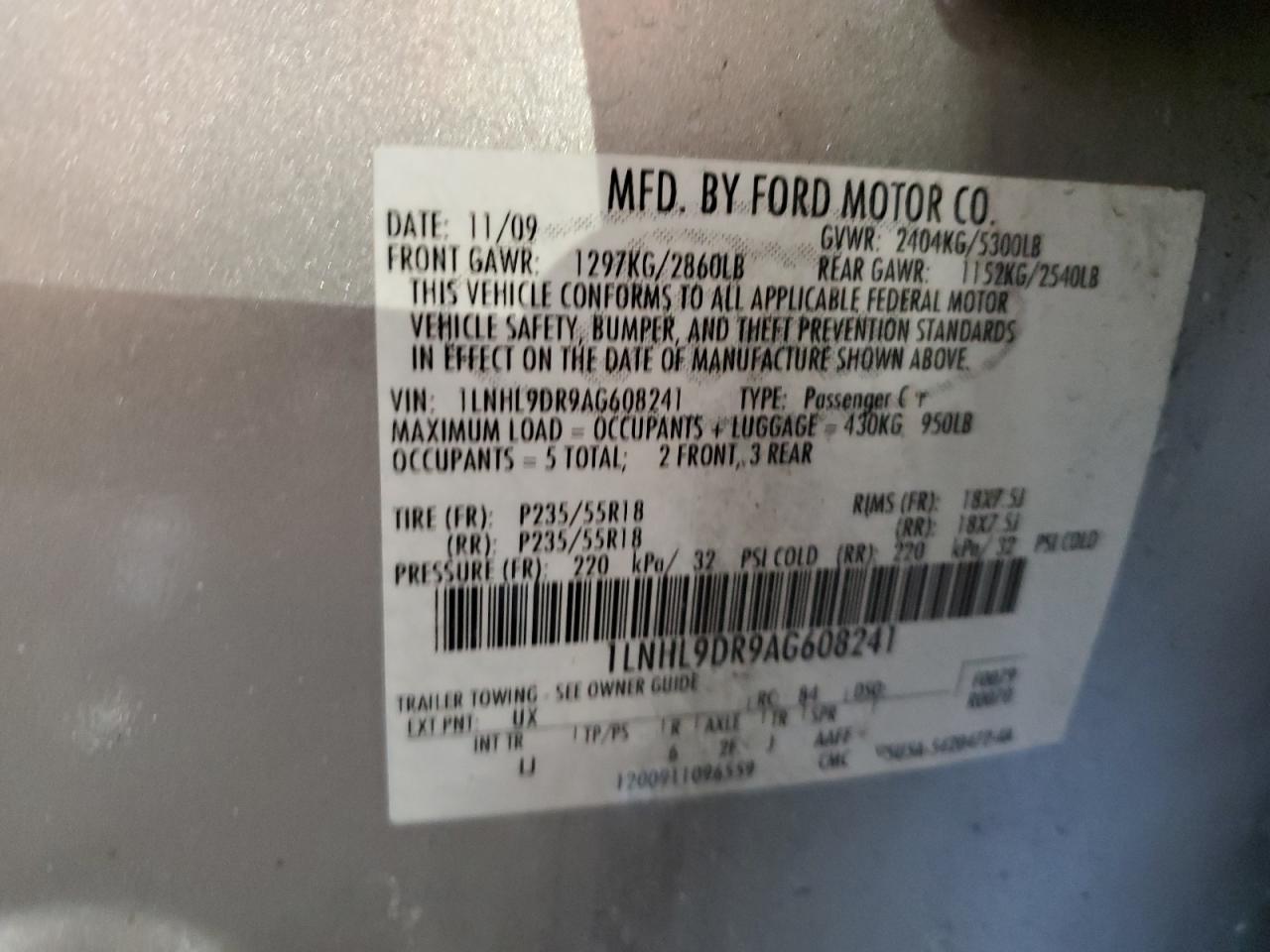 2010 Lincoln MKS VIN 1LNHL9DR9AG608241 Copart auction photo, front end damage thumbnail 12