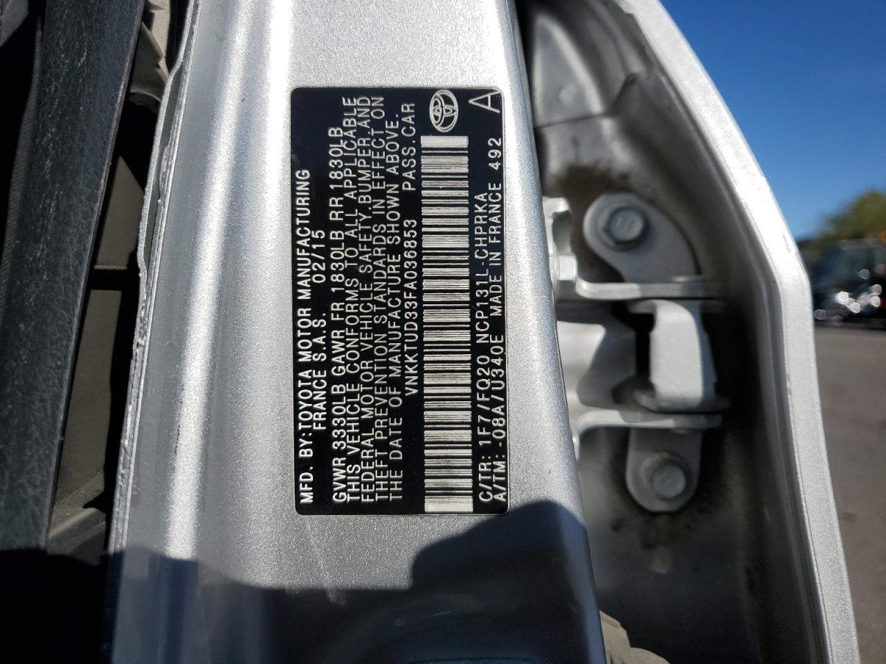 2015 Toyota Yaris VIN VNKKTUD33FA036853 Copart auction photo, front end / side damage thumbnail 12