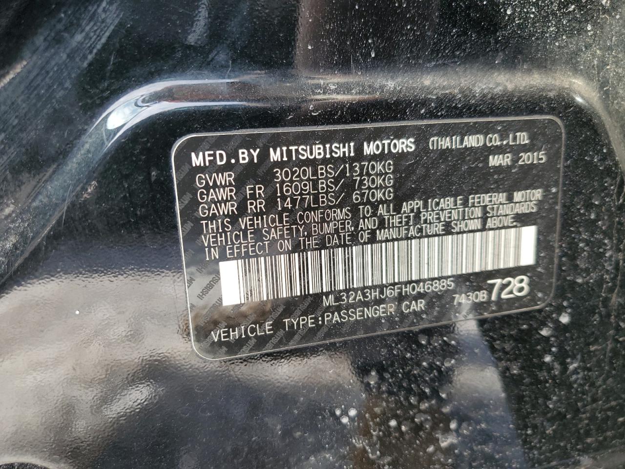 2015 Mitsubishi Mirage VIN ML32A3HJ6FH046885 Copart auction photo, front end damage thumbnail 12