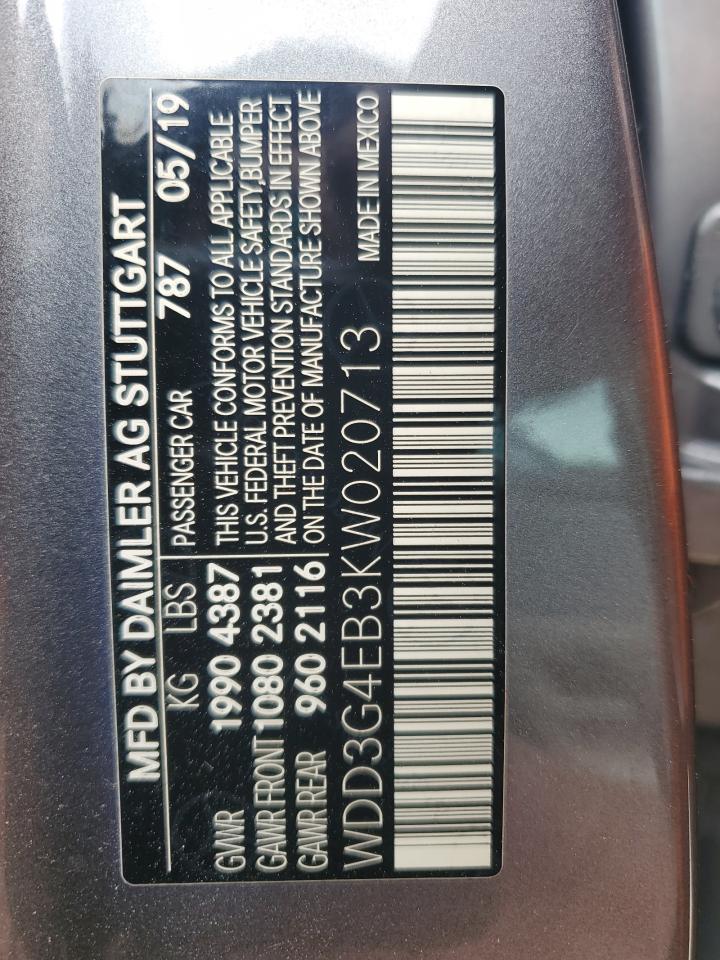 2019 Mercedes-Benz A-klasse VIN WDD3G4EB3KW020713 Copart auction photo, vandalism damage thumbnail 12
