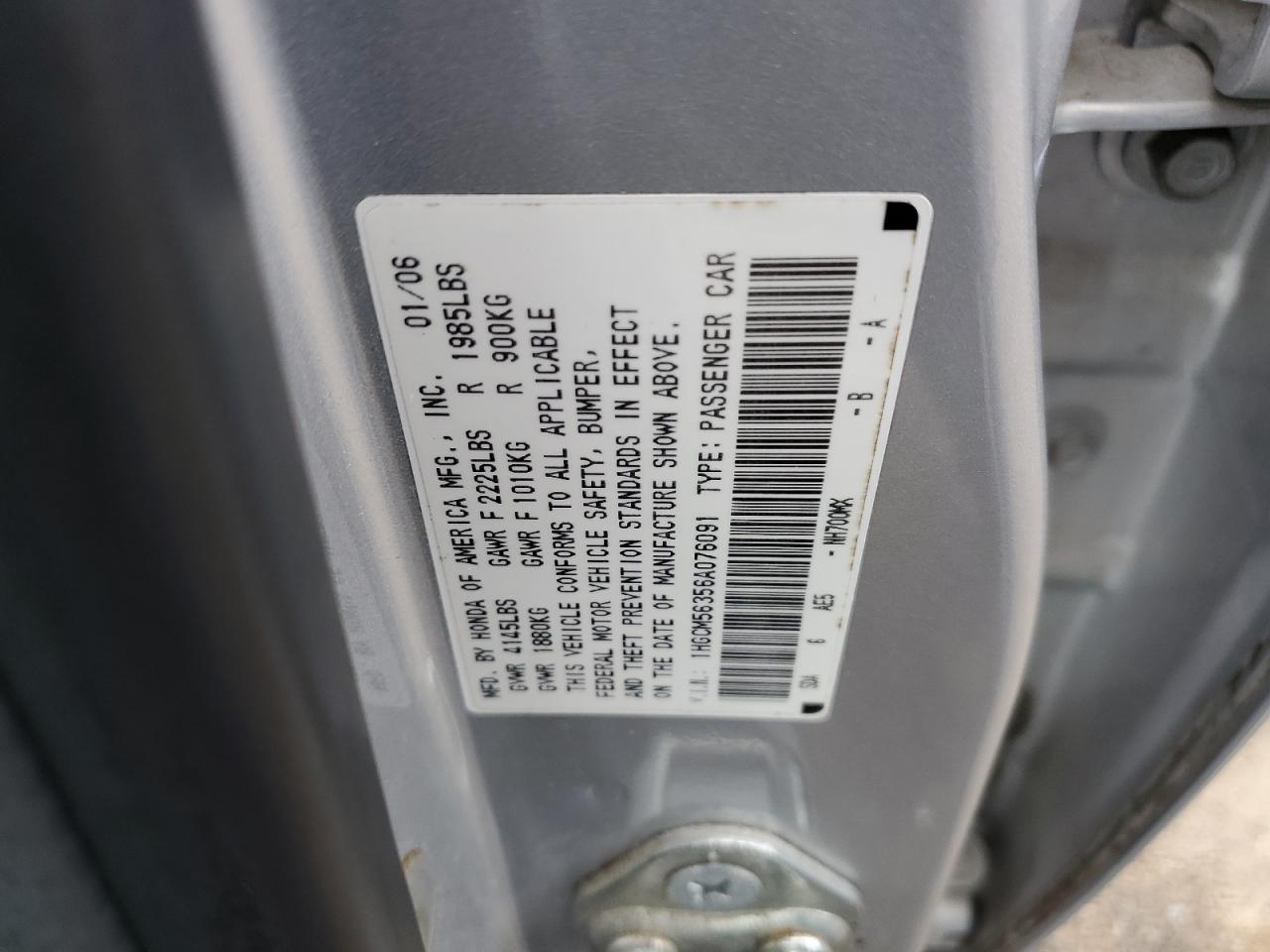 2006 Honda Accord VIN 1HGCM56356A076091 Copart auction photo, rear end damage thumbnail 12