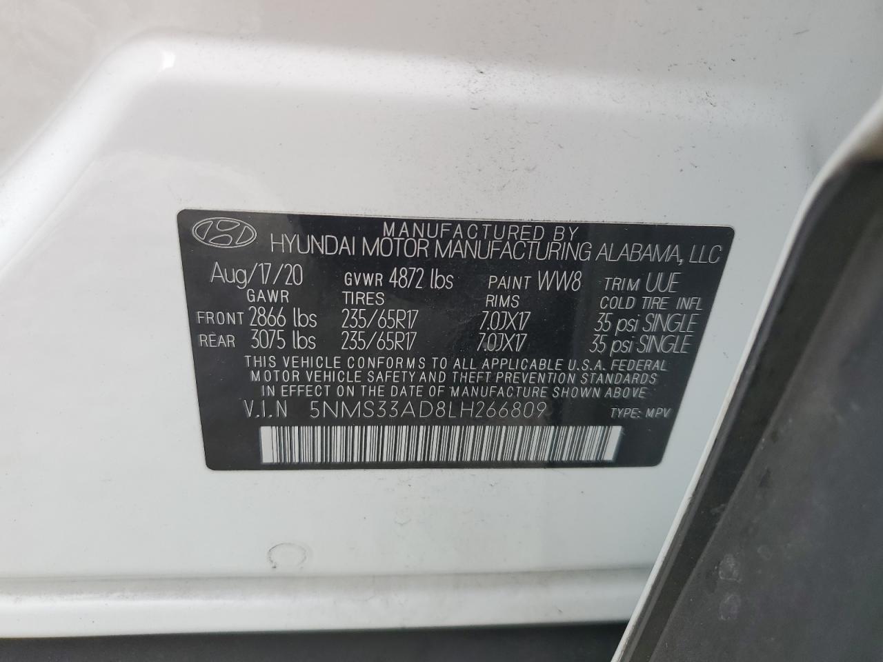 2020 Hyundai Santa Fe VIN 5NMS33AD8LH266809 Copart auction photo, front end damage thumbnail 14