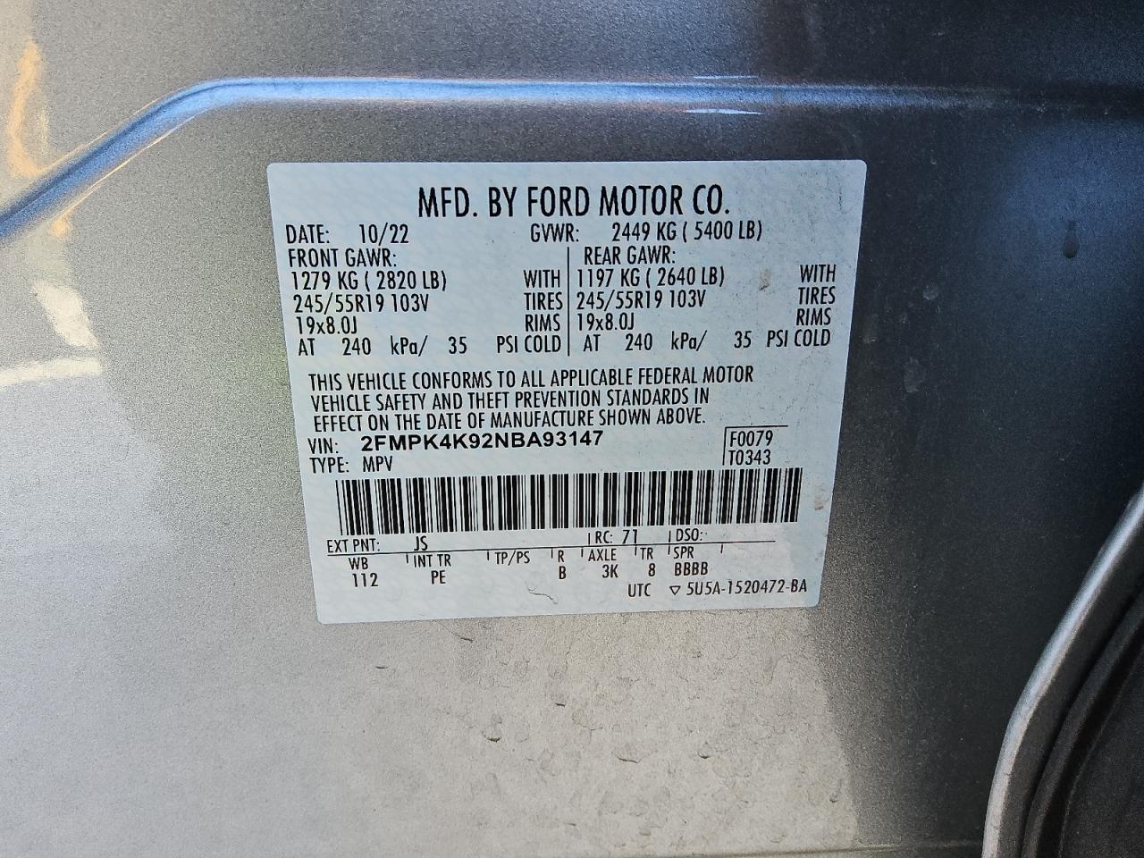 2022 Ford Edge VIN 2FMPK4K92NBA93147 Copart auction photo, rear end damage thumbnail 8