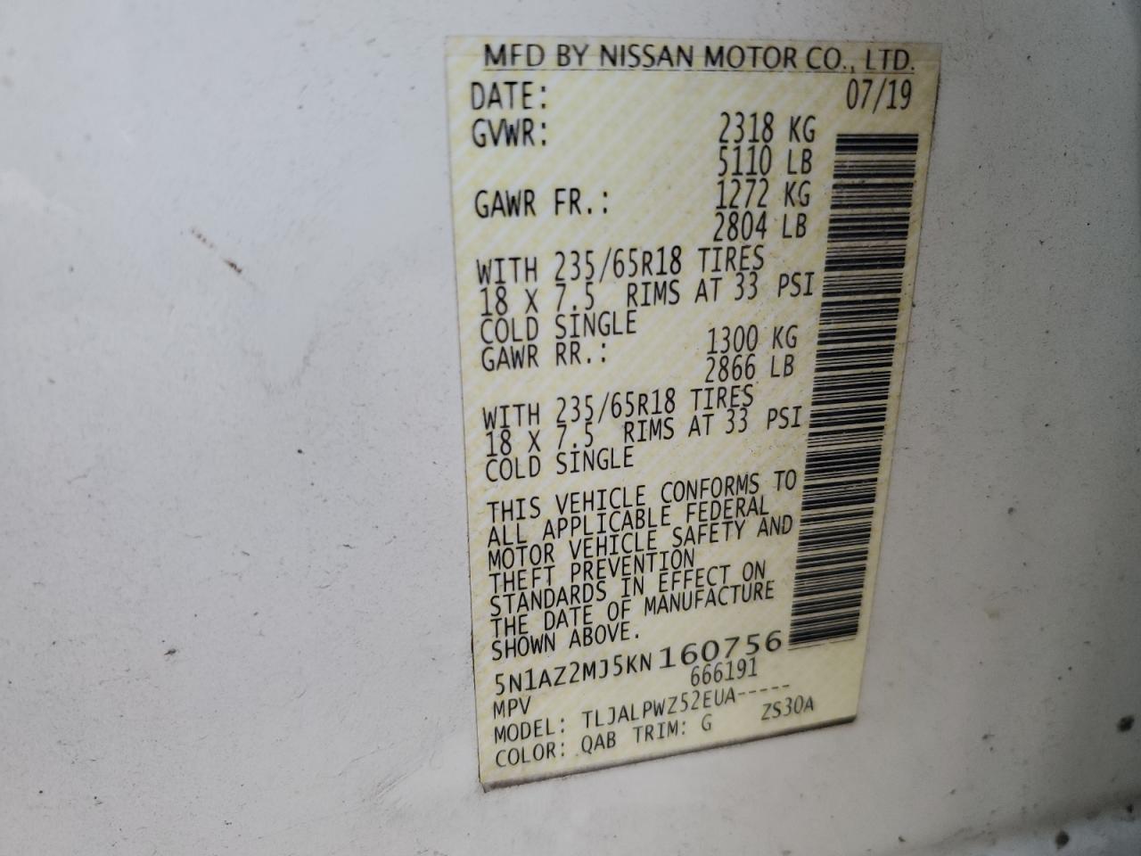 2019 Nissan Murano VIN 5N1AZ2MJ5KN160756 Copart auction photo, front end damage thumbnail 16