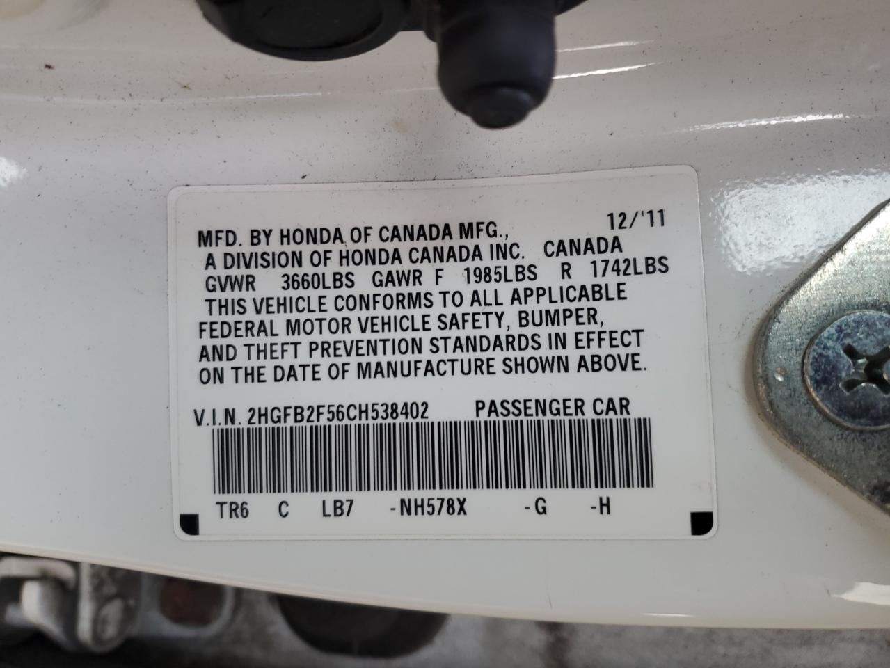 2012 Honda Civic VIN 2HGFB2F56CH538402 Copart auction photo, rear end / minor dent/scratches damage thumbnail 12
