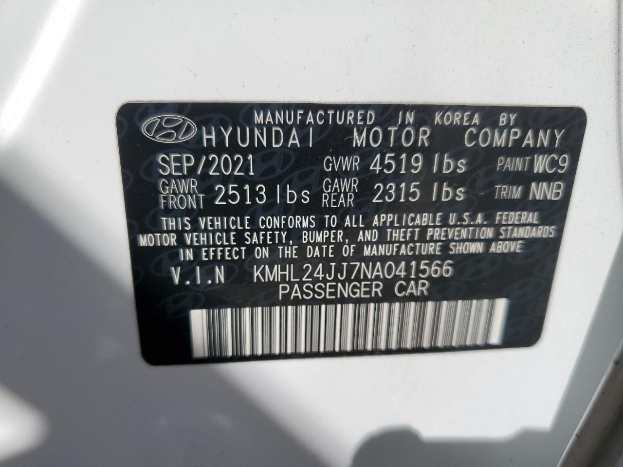 2022 Hyundai Sonata VIN KMHL24JJ7NA041566 Copart auction photo, front end damage thumbnail 12