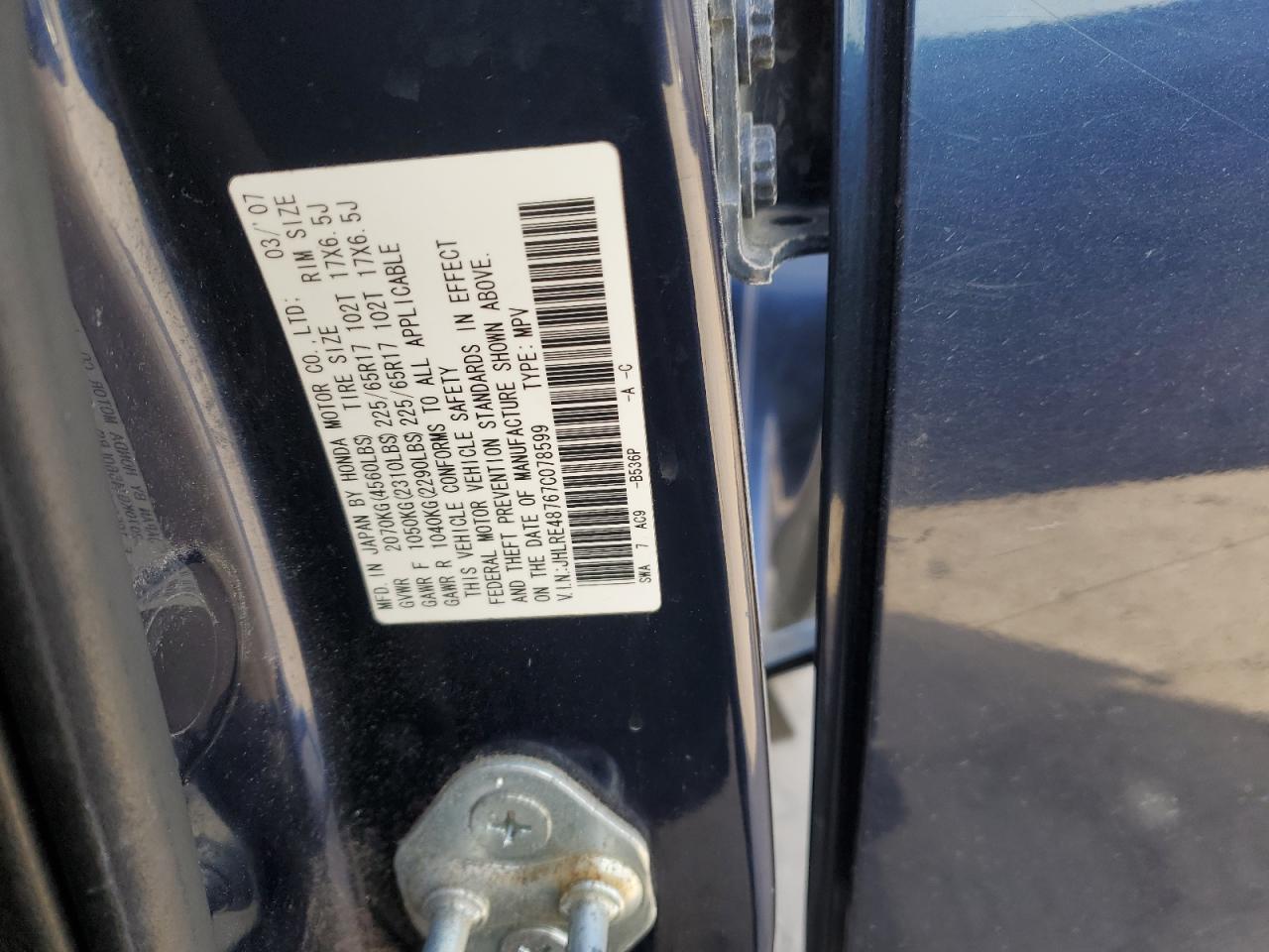2007 Honda CR-V VIN JHLRE48767C078599 Copart auction photo, front end damage thumbnail 12