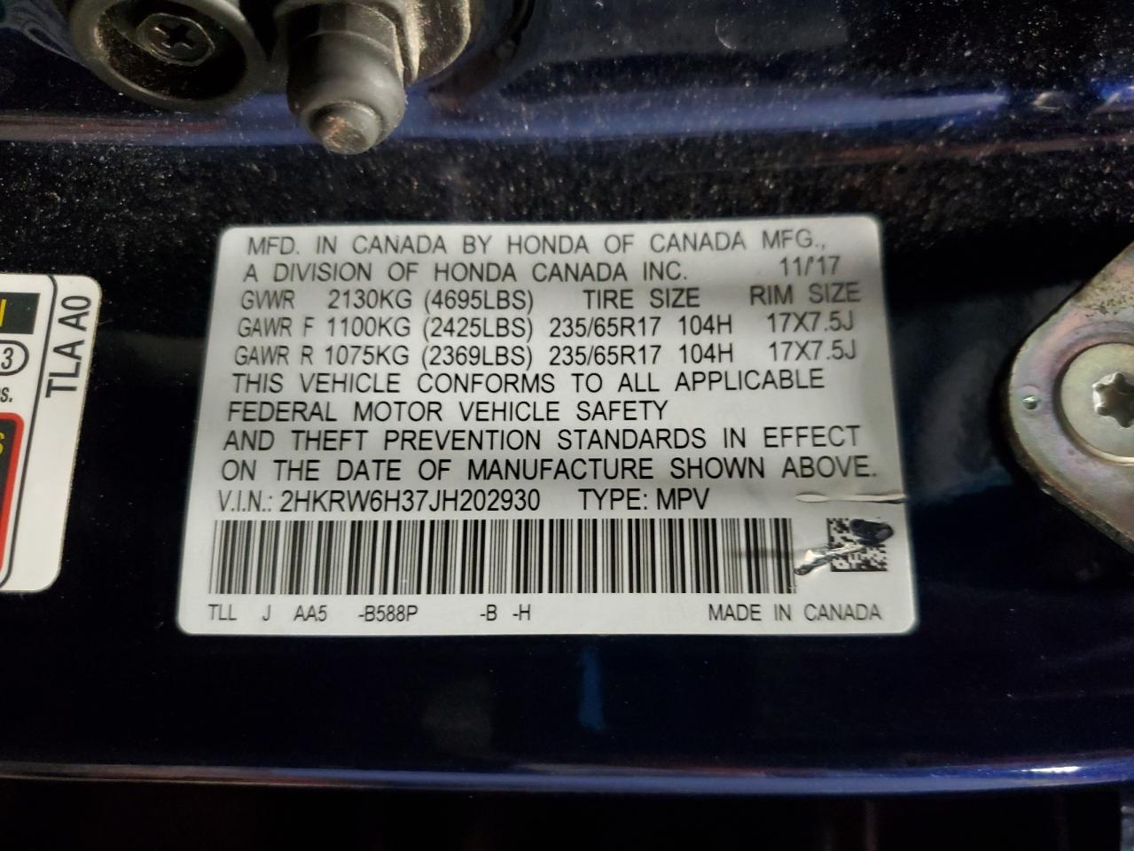 2018 Honda CR-V VIN 2HKRW6H37JH202930 Copart auction photo, front end damage thumbnail 13