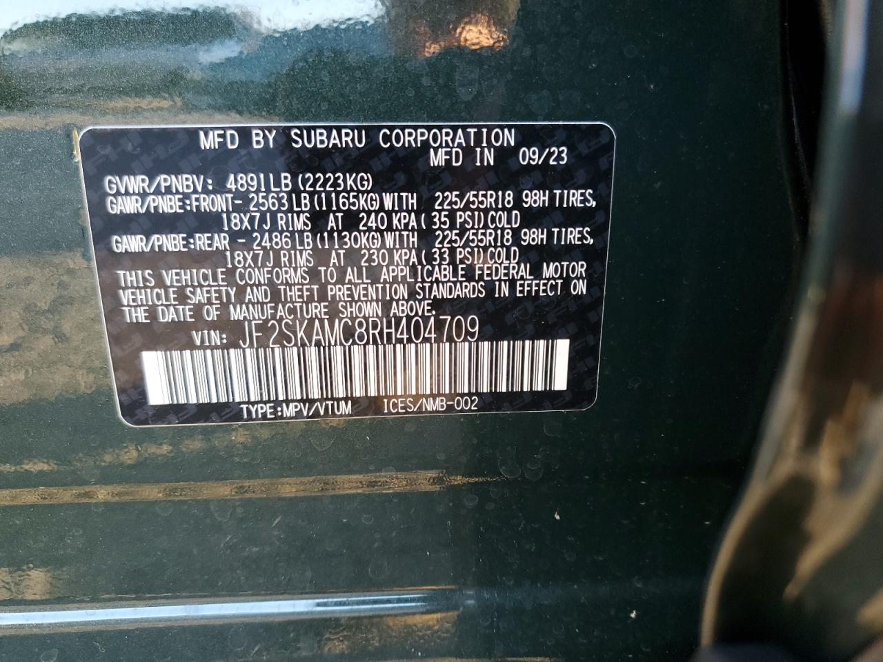 2024 Subaru Forester VIN JF2SKAMC8RH404709 Copart auction photo, front end / rear end damage thumbnail 15