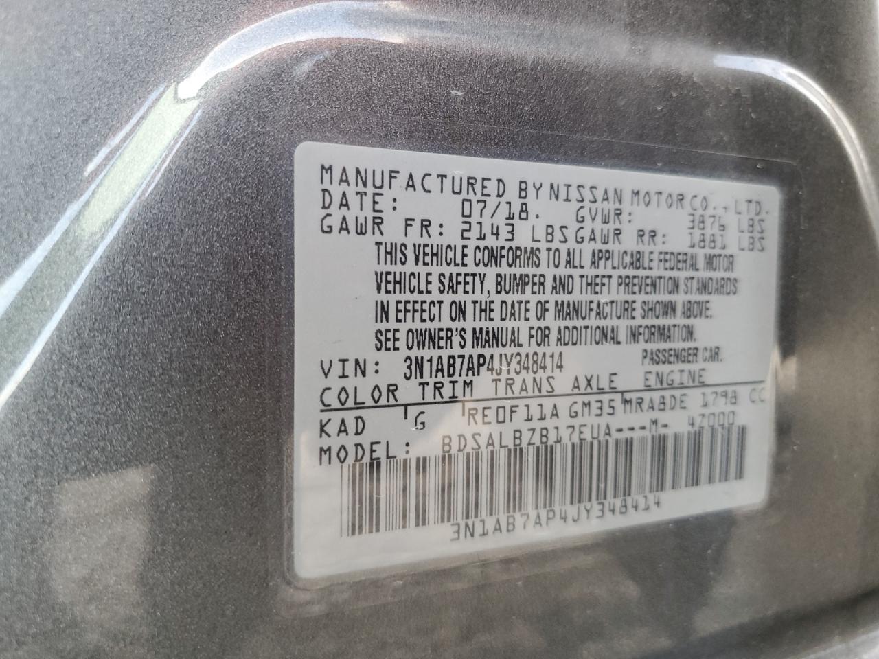 2018 Nissan Sentra VIN 3N1AB7AP4JY348414 Copart auction photo, front end damage thumbnail 15