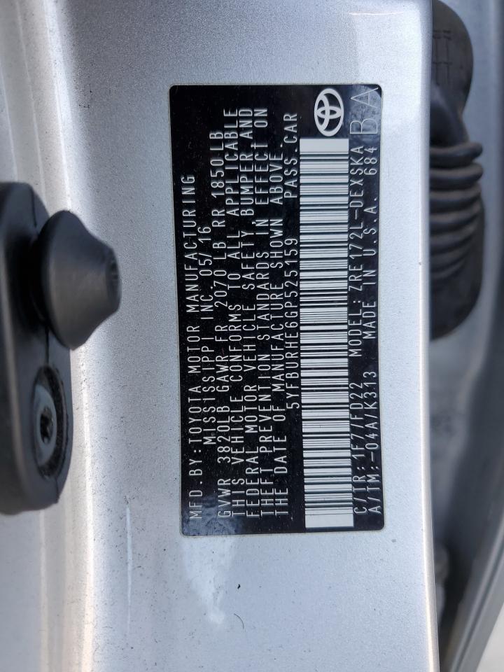 2016 Toyota Corolla VIN 5YFBURHE6GP525159 Copart auction photo, front end damage thumbnail 14