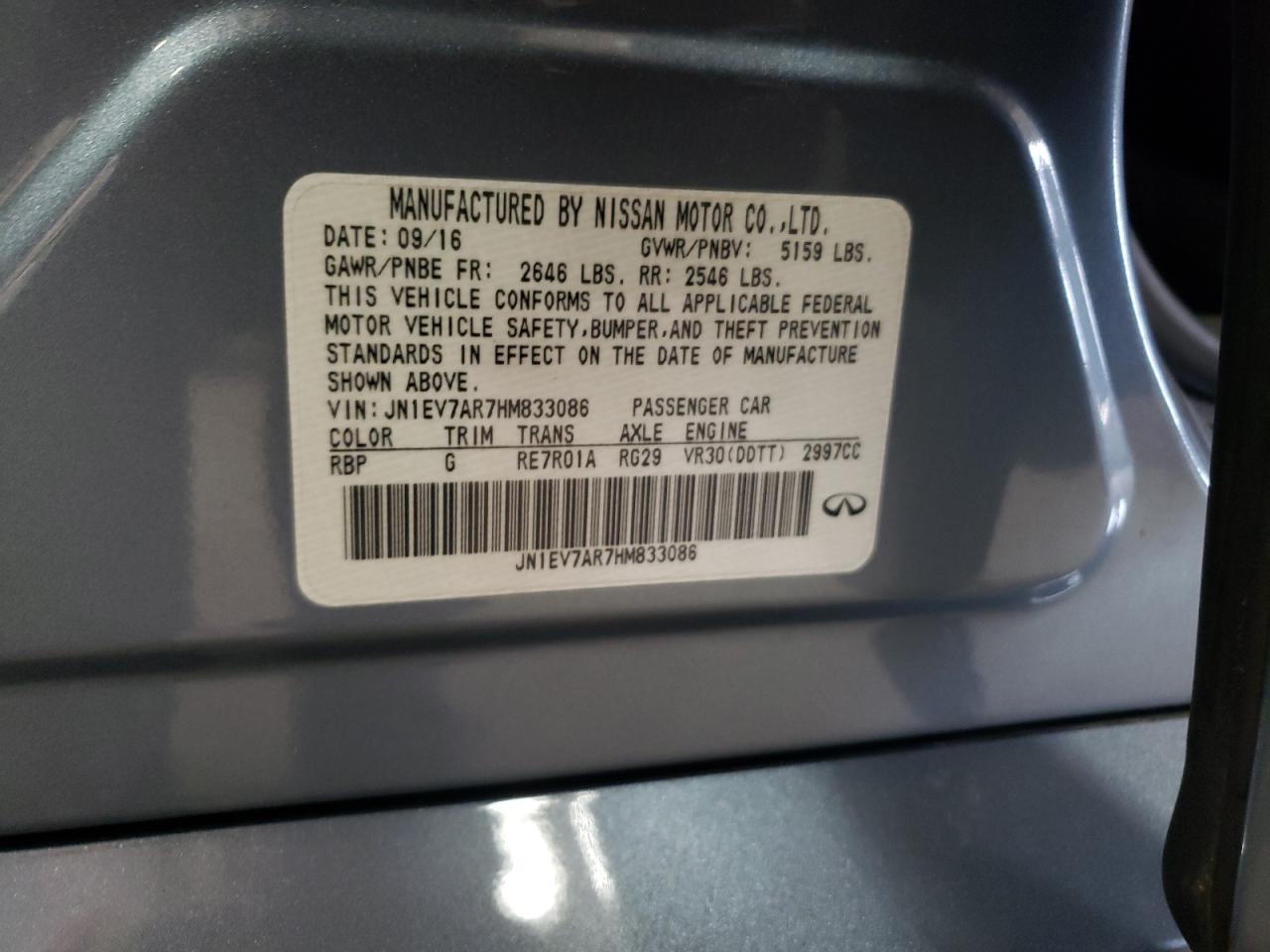 2017 Infiniti Q50 VIN JN1EV7AR7HM833086 Copart auction photo, side / undercarriage damage thumbnail 14