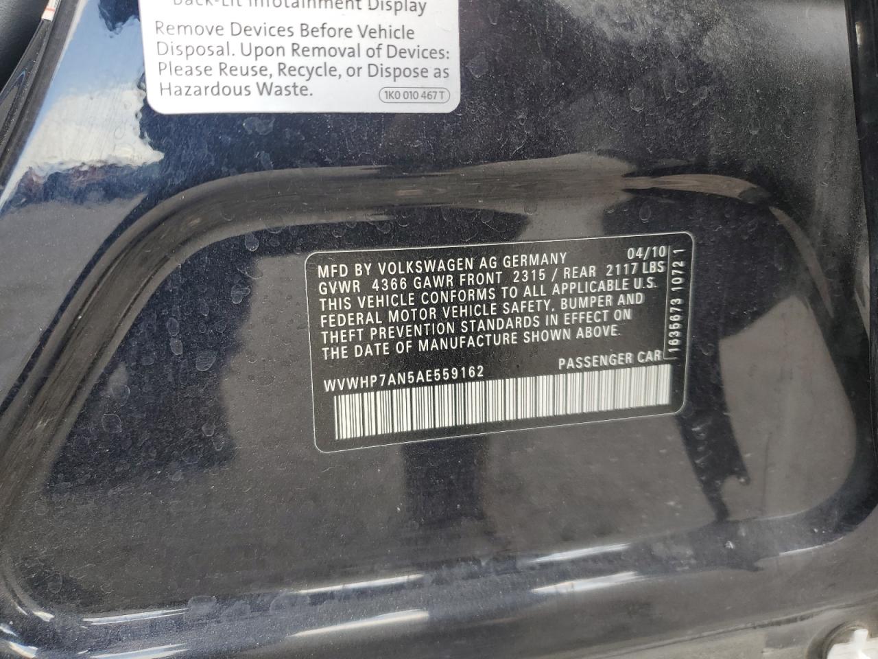 2010 Volkswagen Passat CC VIN WVWHP7AN5AE559162 Copart auction photo, front end damage thumbnail 14
