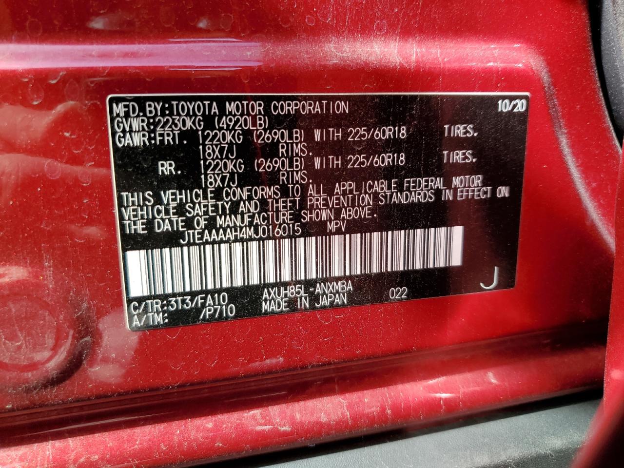 2021 Toyota Venza VIN JTEAAAAH4MJ016015 Copart auction photo, front end / rear end damage thumbnail 14