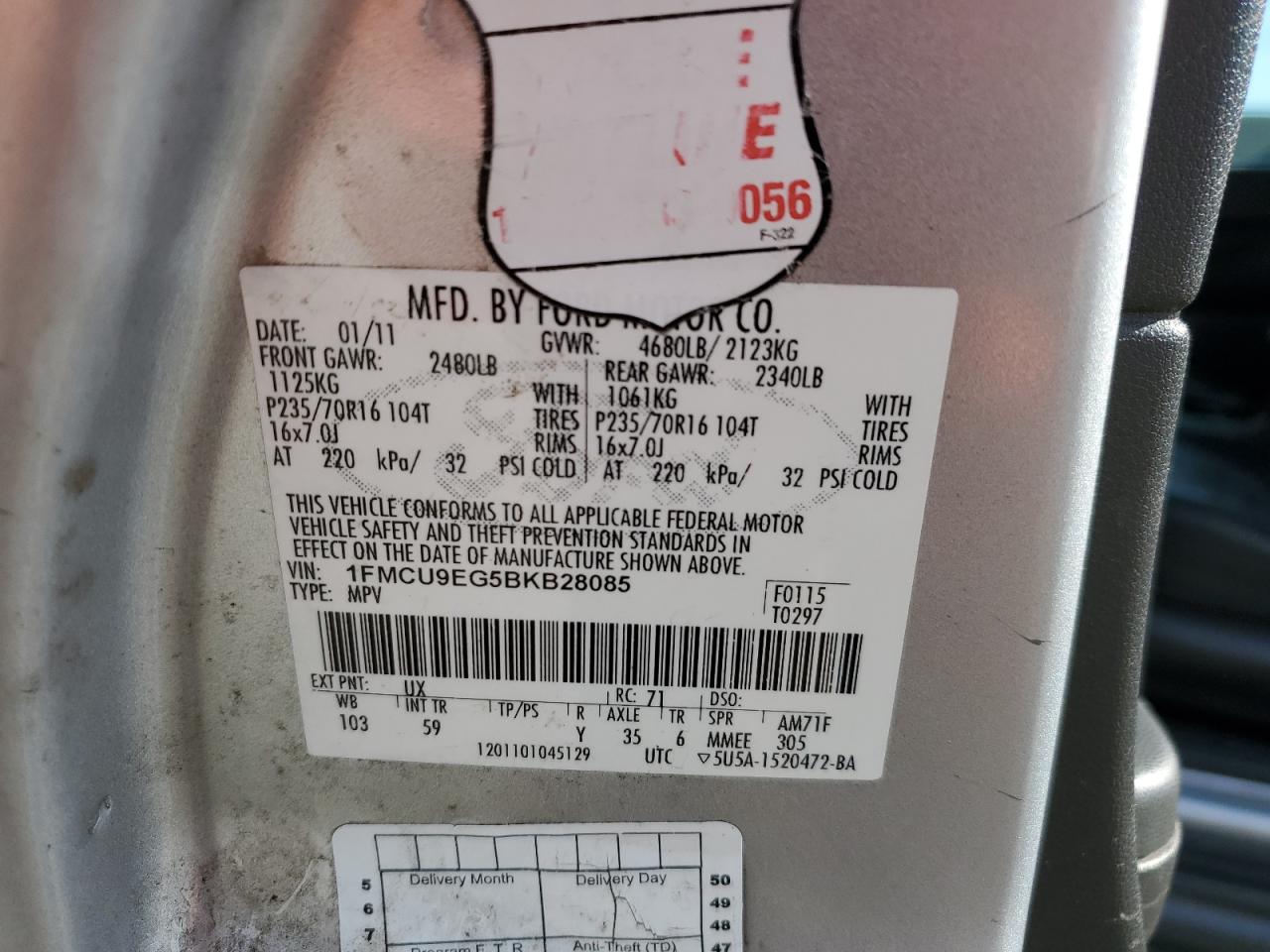 2011 Ford Escape VIN 1FMCU9EG5BKB28085 Copart auction photo, front end damage thumbnail 16