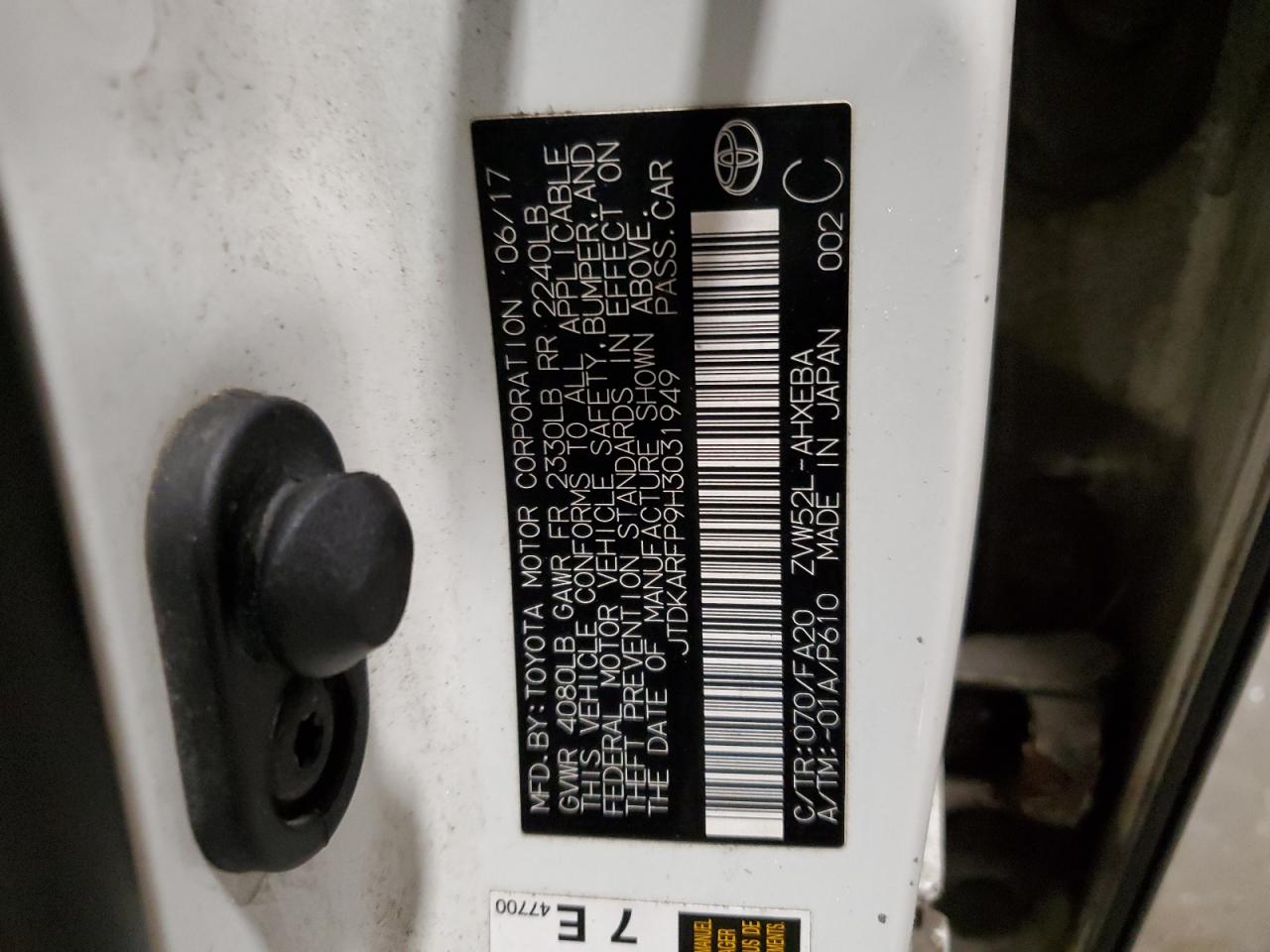 2017 Toyota Prius VIN JTDKARFP9H3031949 Copart auction photo, undercarriage / front end damage thumbnail 13