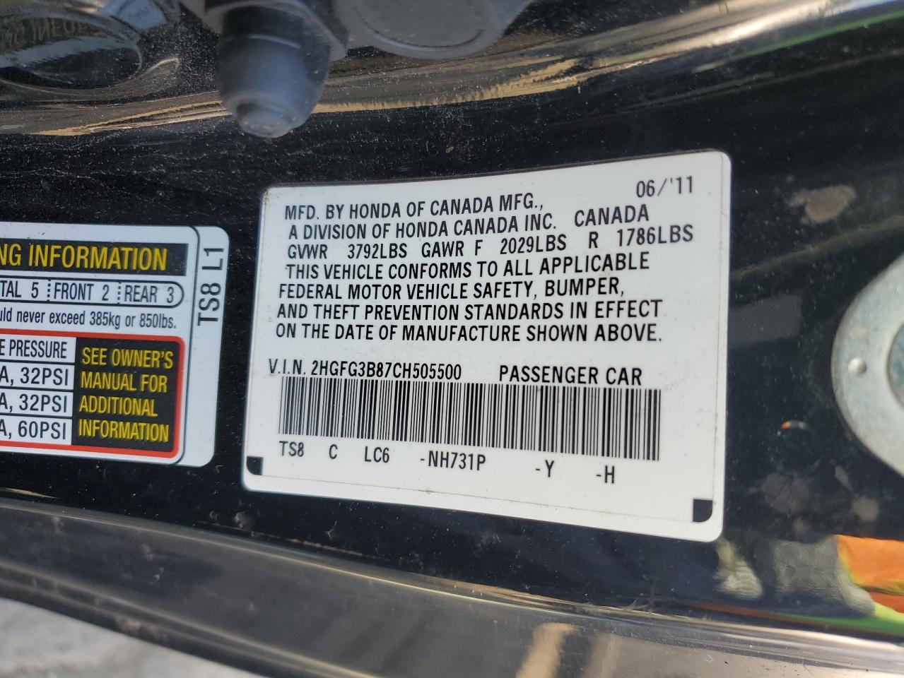 2012 Honda Civic VIN 2HGFG3B87CH505500 Copart auction photo, front end damage thumbnail 12