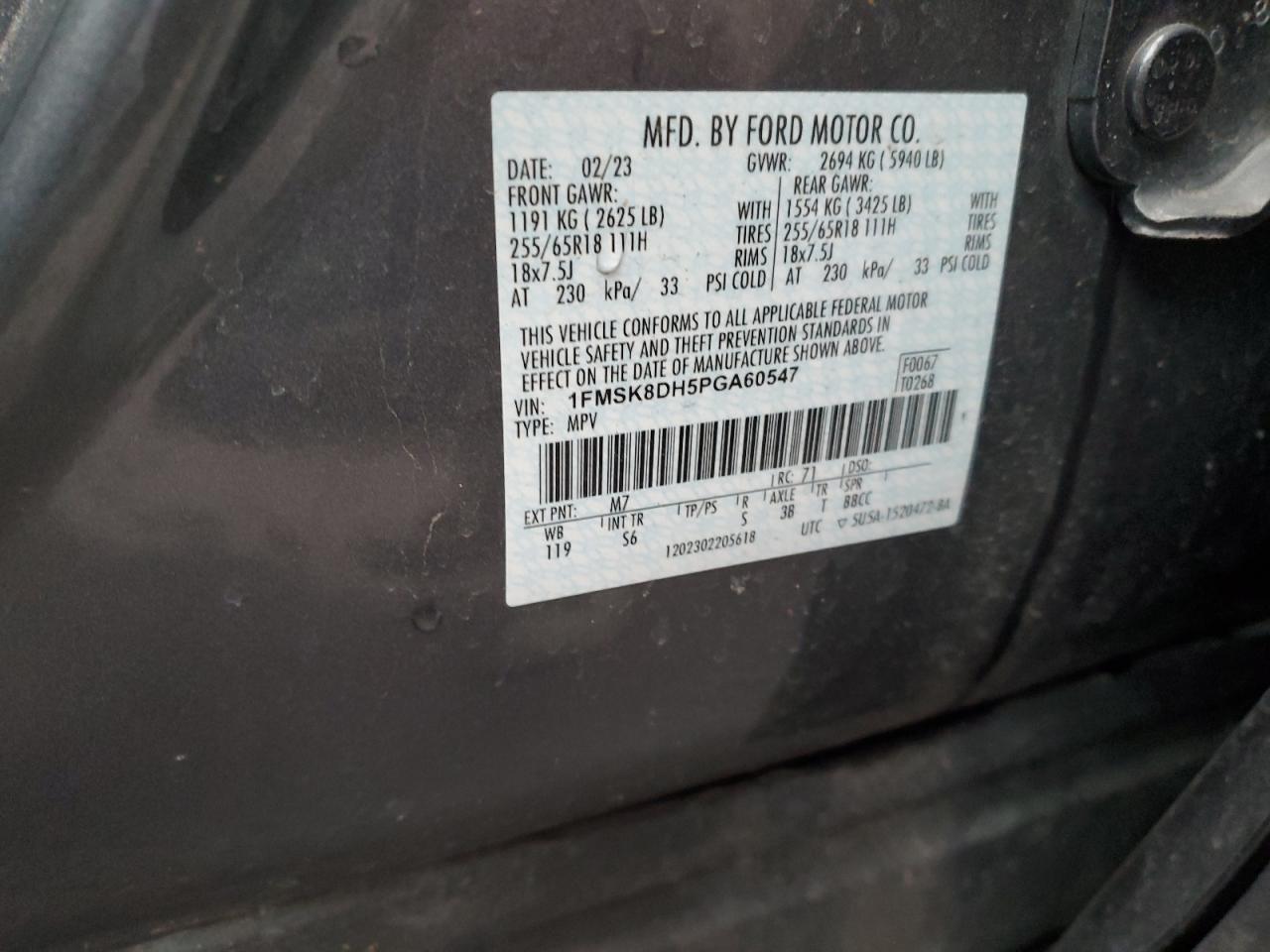 2023 Ford Explorer VIN 1FMSK8DH5PGA60547 Copart auction photo, rear end damage thumbnail 13