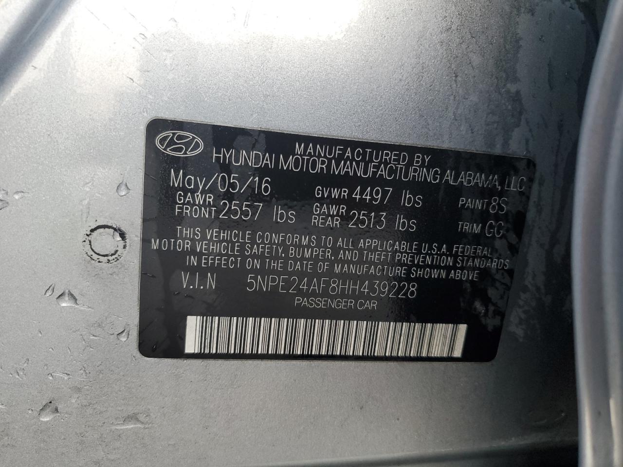 2017 Hyundai Sonata VIN 5NPE24AF8HH439228 Copart auction photo, side / vandalism damage thumbnail 12