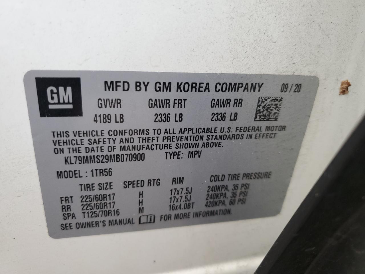 2021 Chevrolet TrailBlazer VIN KL79MMS29MB070900 Copart auction photo, side damage thumbnail 15