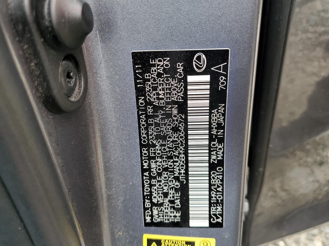 2012 Lexus CT VIN JTHKD5BH9C2064672 Copart auction photo, front end damage thumbnail 14