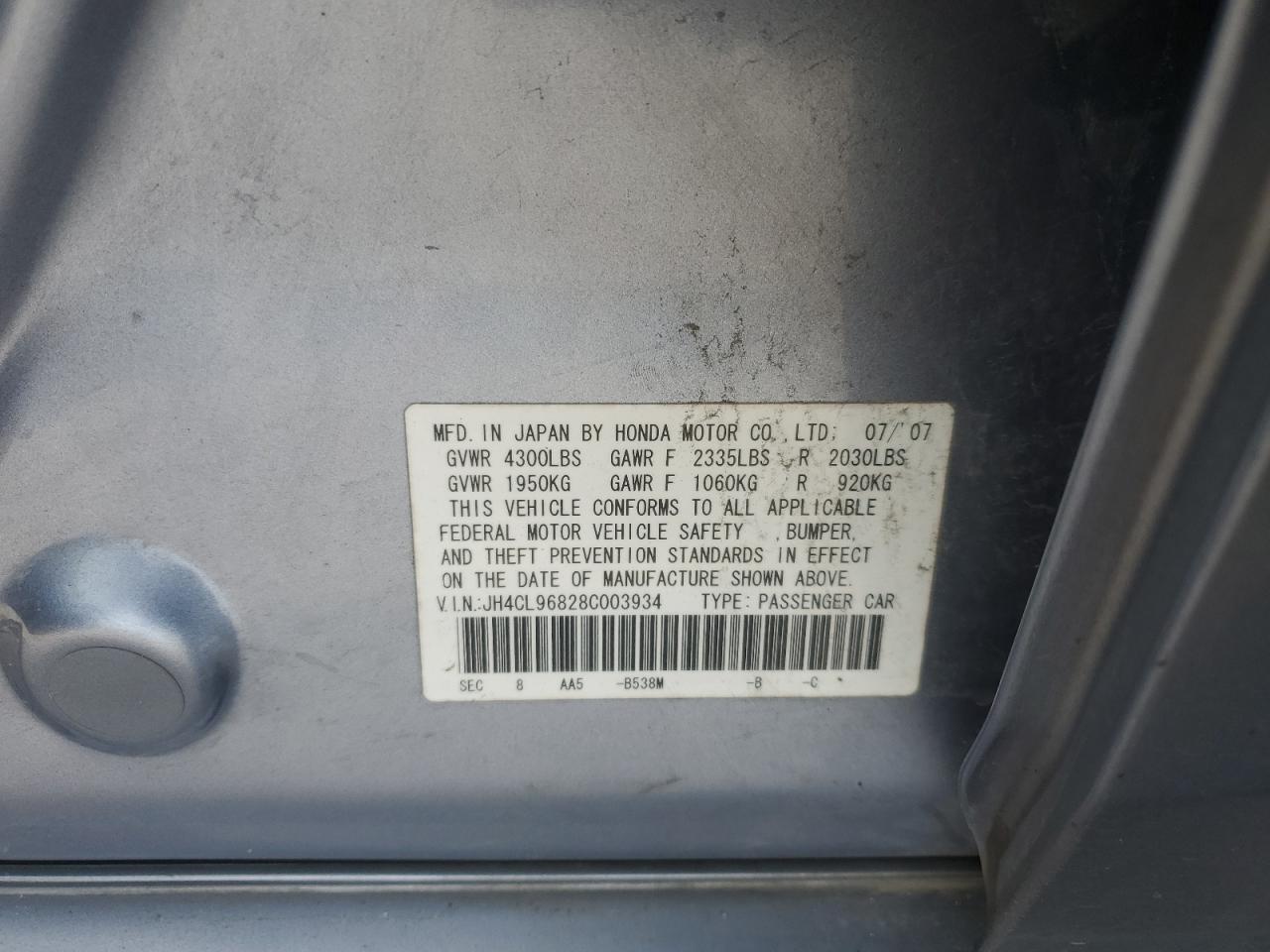 2008 Acura TSX VIN JH4CL96828C003934 Copart auction photo, rear end damage thumbnail 12