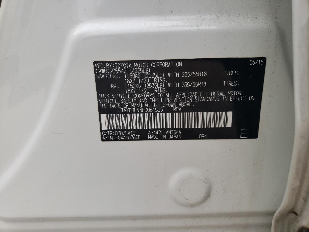 2015 Toyota RAV 4 VIN JTMYFREV4FD061525 Copart auction photo, rear end / minor dent/scratches damage thumbnail 13