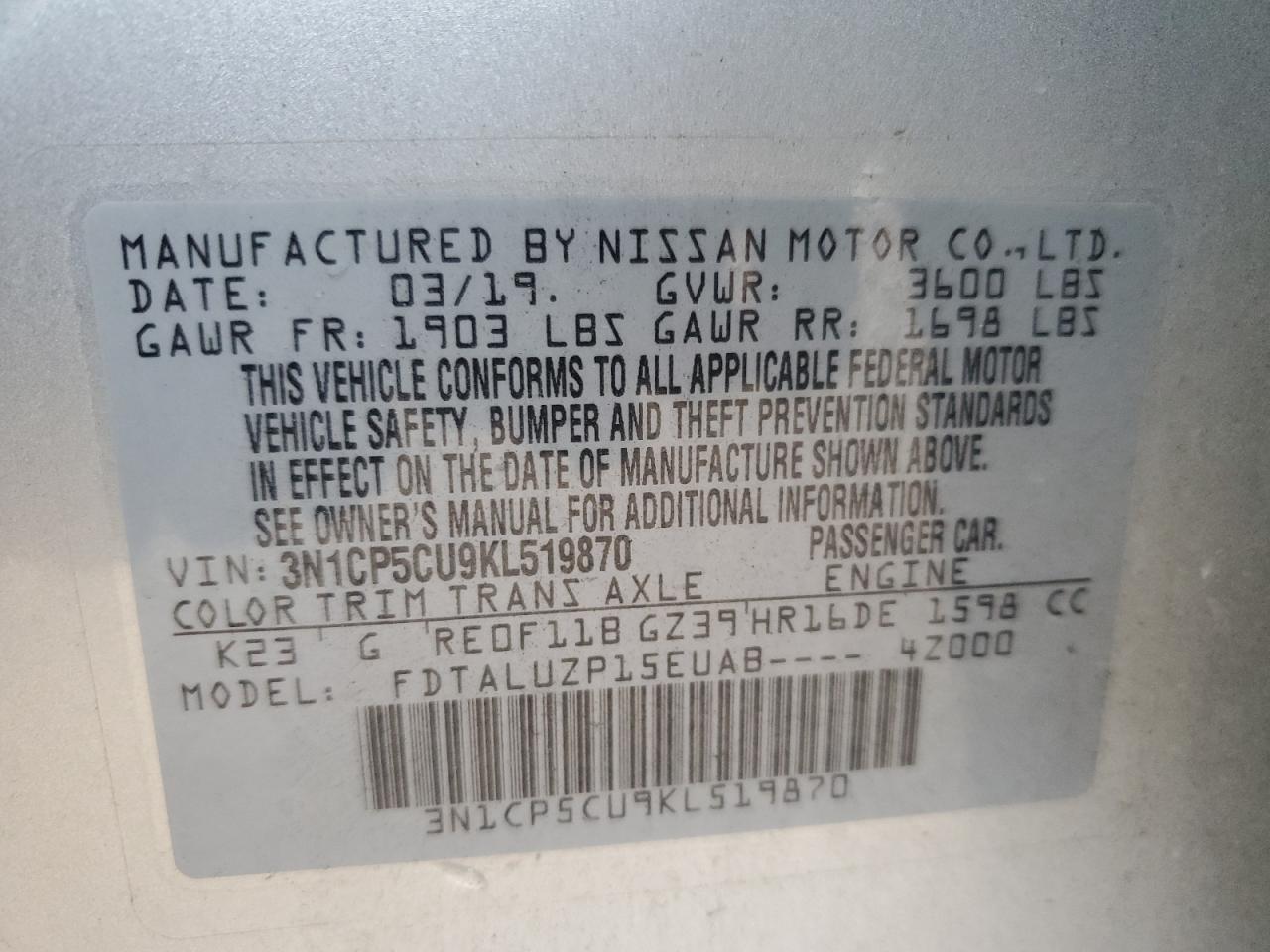 2019 Nissan Kicks VIN 3N1CP5CU9KL519870 Copart auction photo, rear end damage thumbnail 16
