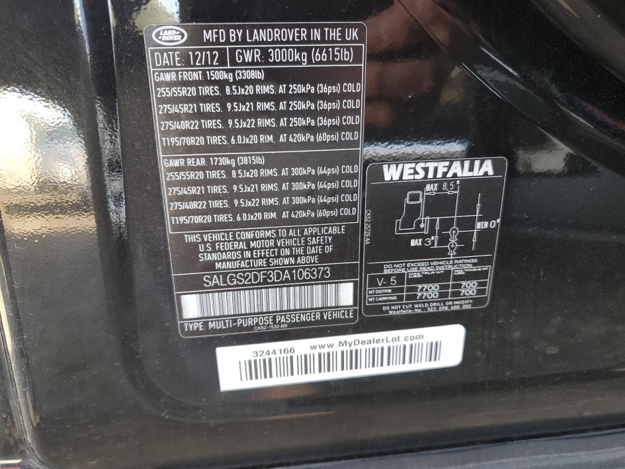 2013 Land Rover Range Rover VIN SALGS2DF3DA106373 Copart auction photo, front end damage thumbnail 13